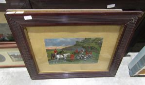 A set of four framed hunting prints , a pair of framed coloured photographs of hunting scenes and