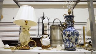 Two table lamps in the form of owls and a modern Chinese blue and white table lamp with floral