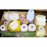 Quantity of retro and later plastic light shades, table lamps, in-line lamp switches, etc (4 boxes)