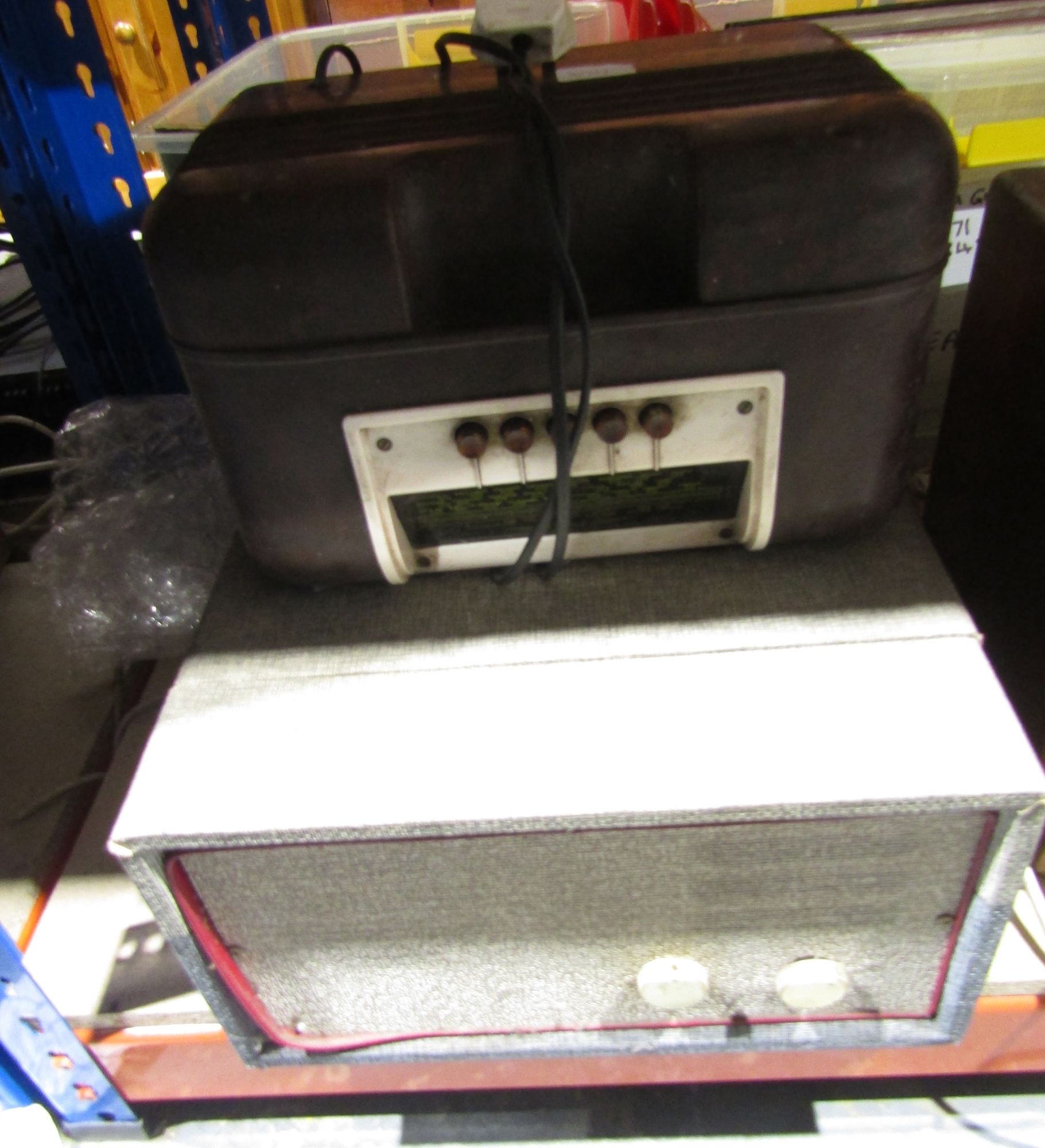 Vintage 'Etronic' wireless, RA640, a bakelite cased Bush DAC 10 radio and a Civic suitcase record