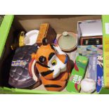 Various collectors advertising items - a Jaffa cake tin, a Kellogs Cornflakes pencil box, Tony the