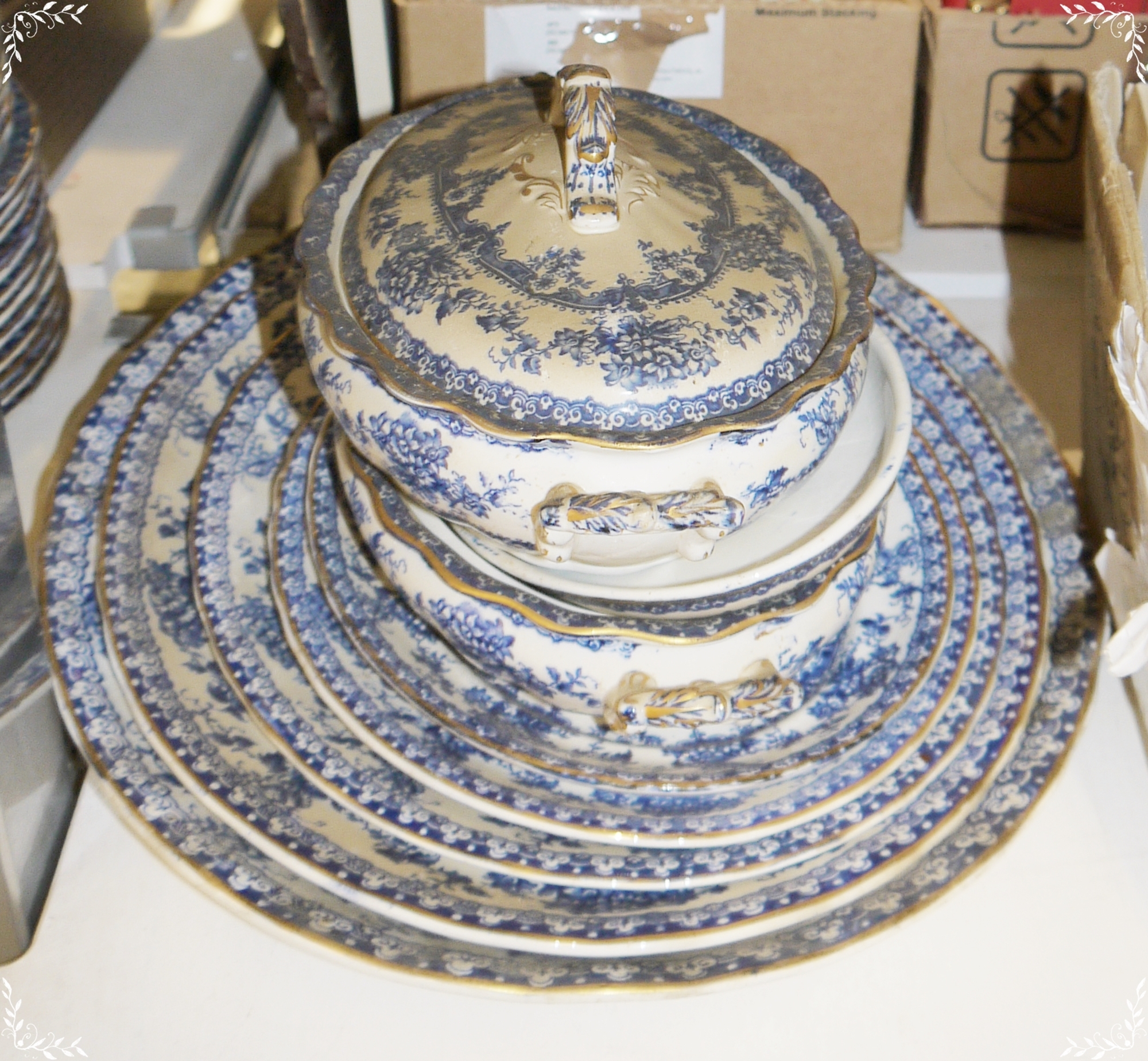 19th century Watford Latemayers part dinner service in blue and white with floral and gilt - Image 2 of 4