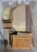 Antiquarian interest - leather bindings , for restoration, texts mainly in French ( 1 box)