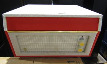 A reproduction Dansette style record player on legs badged GPO with USB input function, model