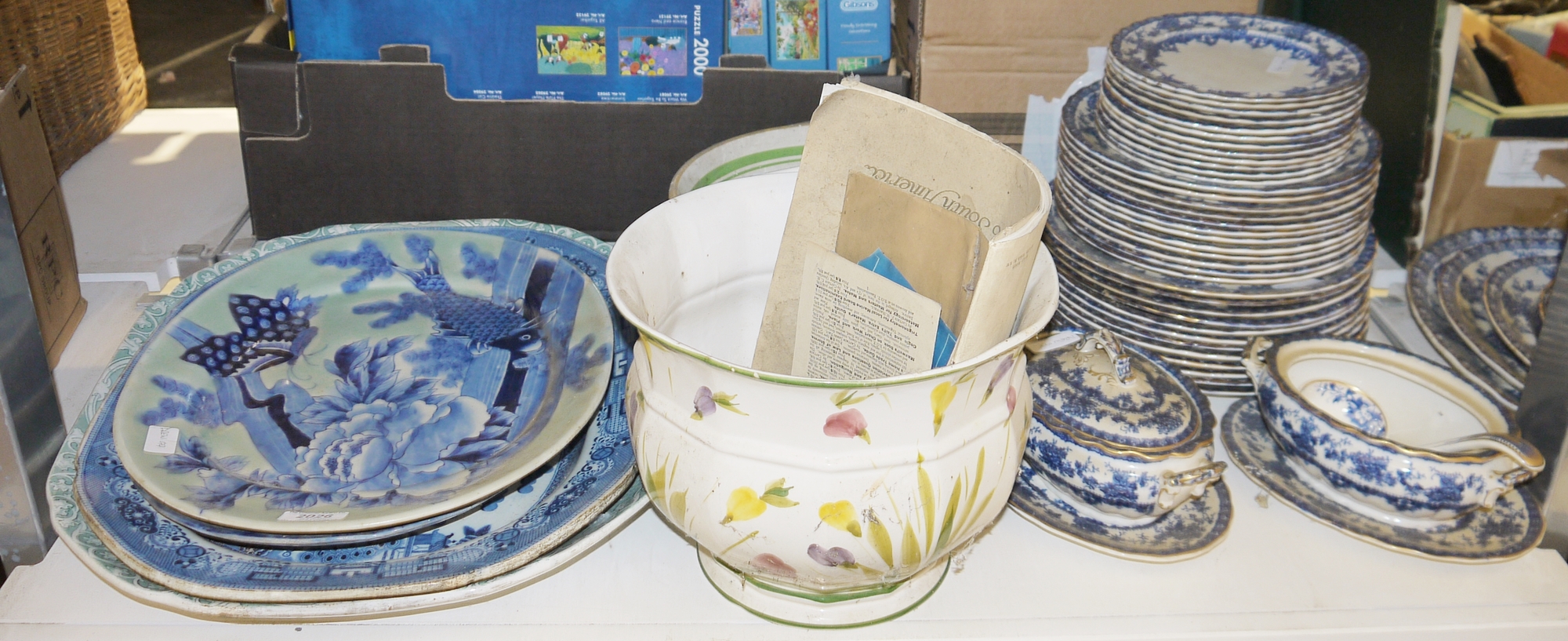 19th century Watford Latemayers part dinner service in blue and white with floral and gilt