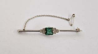 18ct white gold and platinum, green tourmaline and diamond bar brooch having square cut emerald