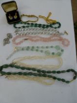 Selection of bead necklaces to include rose quartz, fresh water pearls, green hardstone,