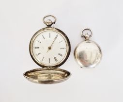 Early Victorian silver cased full hunter pocket watch, the enamel dial having Roman numerals hour