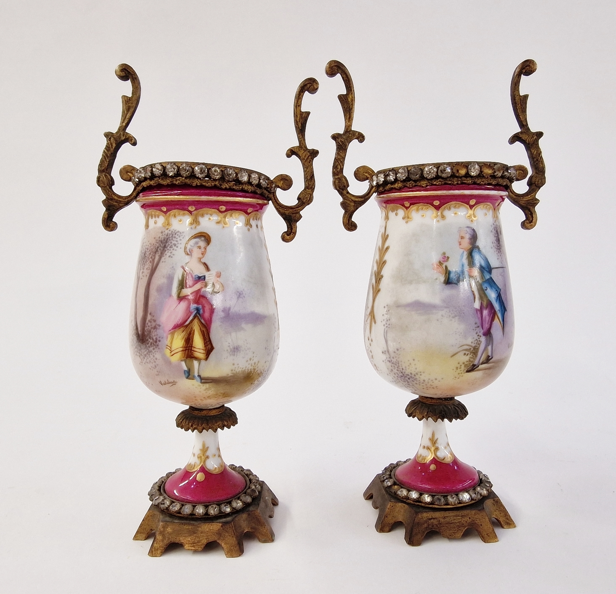 Pair of late 19th century gilt metal-mounted Sevres-style vases, spurious interlaced L marks, each