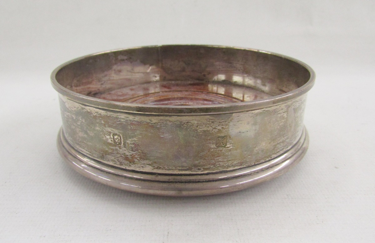 Silver and stained wood wine bottle coaster, London 1997, and a silver-plate wine coaster with - Image 9 of 16