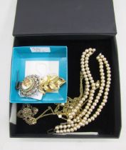 Cultured pearl double-strand necklace, an enamel and paste brooch, a leaf brooch, two watches and