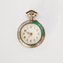 Early 20th century white metal cased lady's fob watch, the case decorated throughout with green