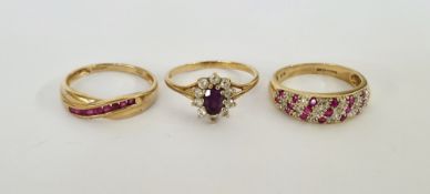 9ct gold, purple and white stone cluster ring size N, a 9ct gold and pink stone twist ring, stones
