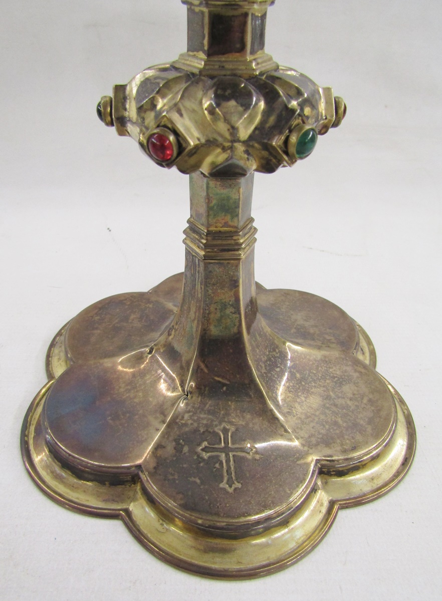 Silver-gilt chalice with tapered bowl, the lobed knop inset with cabochon green and red glass - Image 5 of 8
