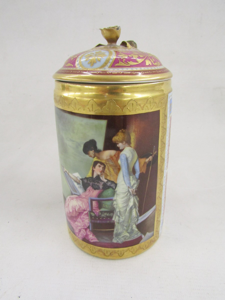 Vienna-style porcelain tankard and cover, late 19th century, blue shield mark, painted with three