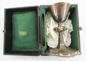 Silver-gilt chalice with tapered bowl, the lobed knop inset with cabochon green and red glass