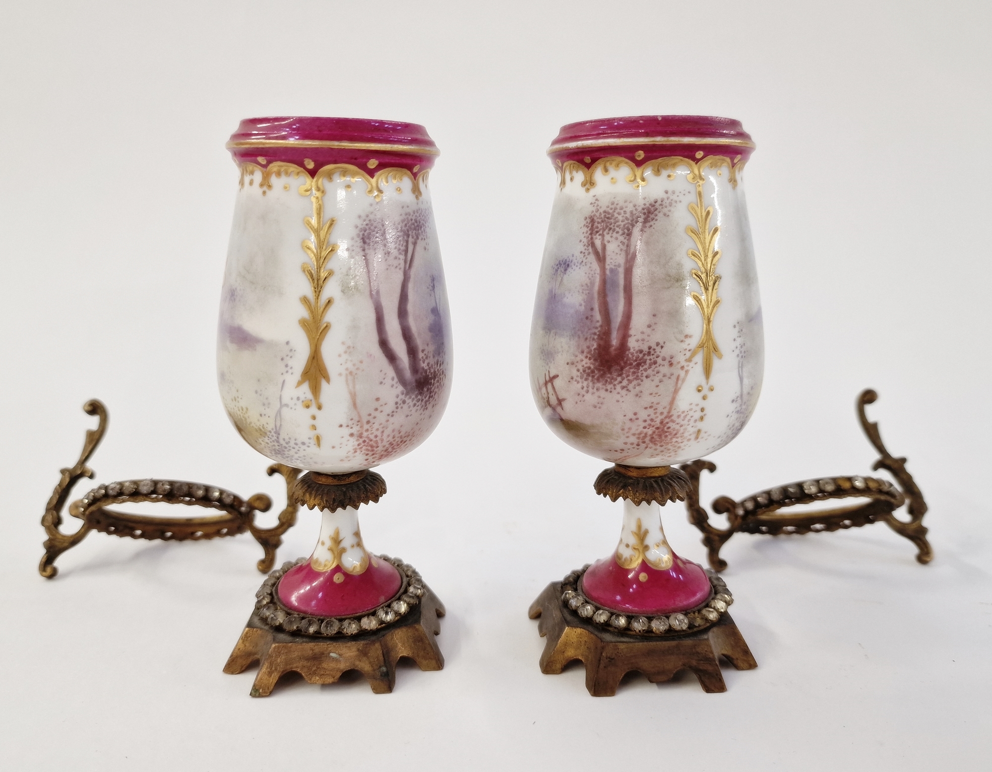 Pair of late 19th century gilt metal-mounted Sevres-style vases, spurious interlaced L marks, each - Image 2 of 4