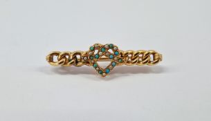 15ct gold, turquoise and seedpearl bar brooch centred by openwork heart, on a ropetwist backing, 4.