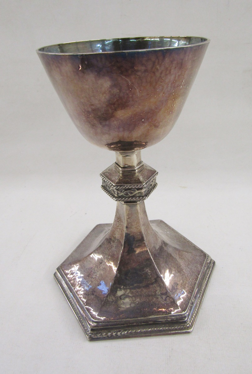 Silver chalice, the rounded bowl on panelled stem with rope and thorn decorated knop, hexagonal - Image 4 of 6