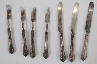 Early Victorian part set of silver dessert knives and forks, comprising four forks and three