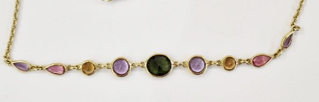9ct gold gem set necklace set with central green stone, four purple, two yellow and two pink stones,