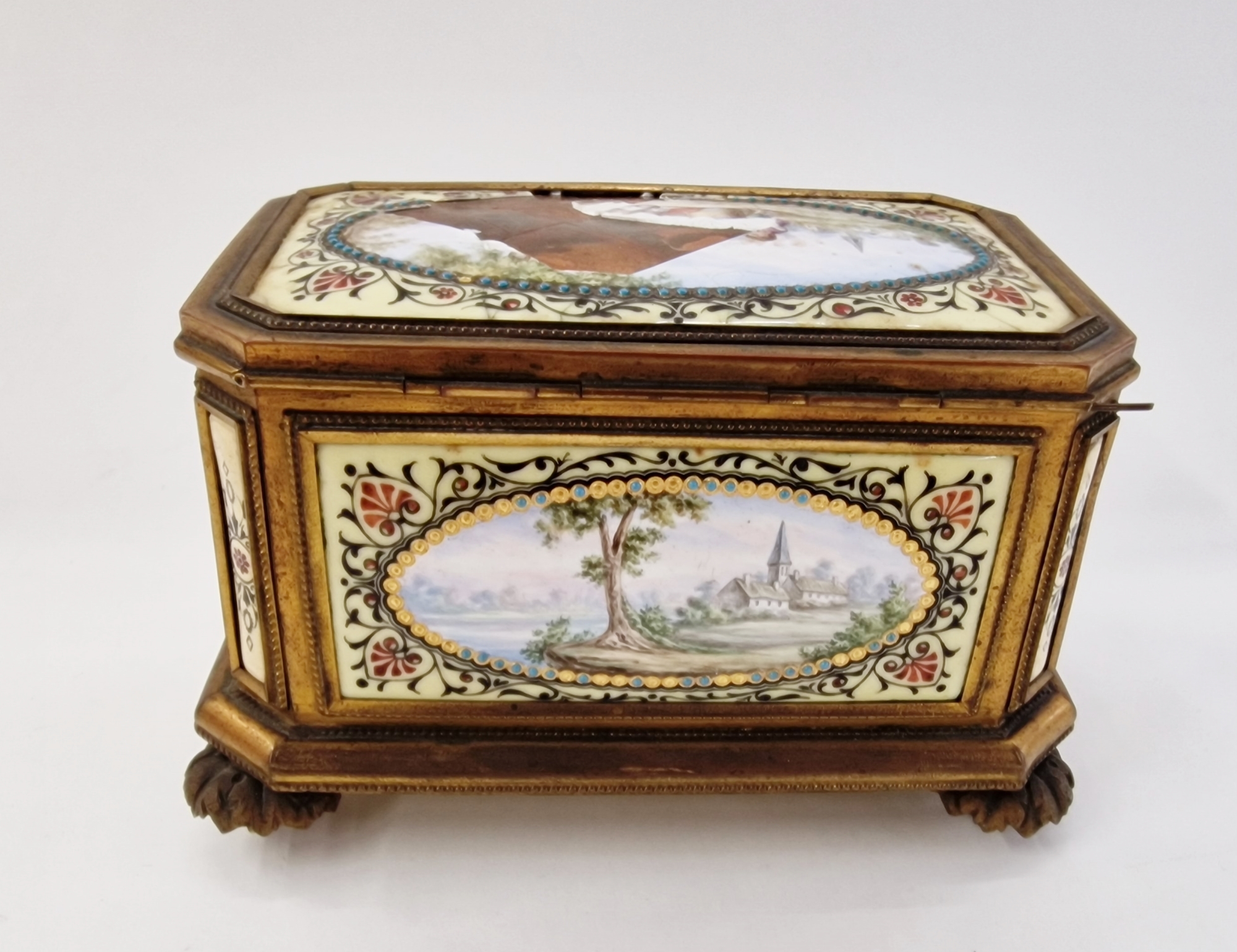 Late 19th century French enamel and gilt metal-mounted jewellery casket, of canted rectangular - Image 5 of 8