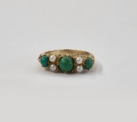 9ct gold turquoise and pearl ring set three green turquoise and four rubies size L1/2