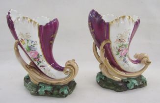Pair of mid-19th century Paris porcelain cornucopia vases, each painted with bouquets of flowers