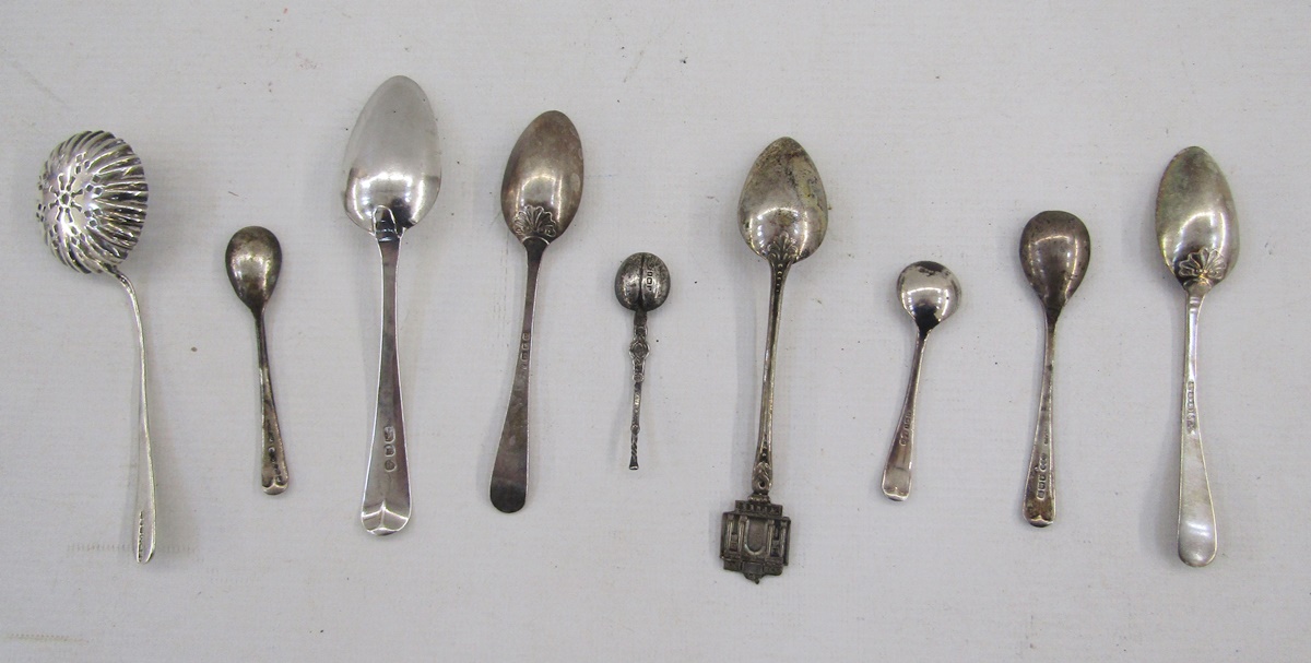 Three various silver teaspoons, a silver sugar sifting spoon, a pair of Irish Victorian silver - Image 10 of 14
