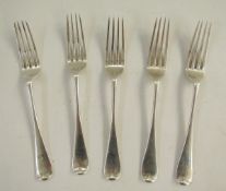 Set of five Victorian silver dessert forks, old English pattern handles, hallmarked London 1886,