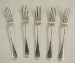 Set of five Victorian silver dessert forks, old English pattern handles, hallmarked London 1886,