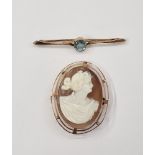 9ct gold cameo brooch, oval head and shoulders of a maiden, and 9ct gold and blue stone bar