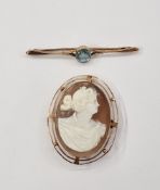 9ct gold cameo brooch, oval head and shoulders of a maiden, and 9ct gold and blue stone bar