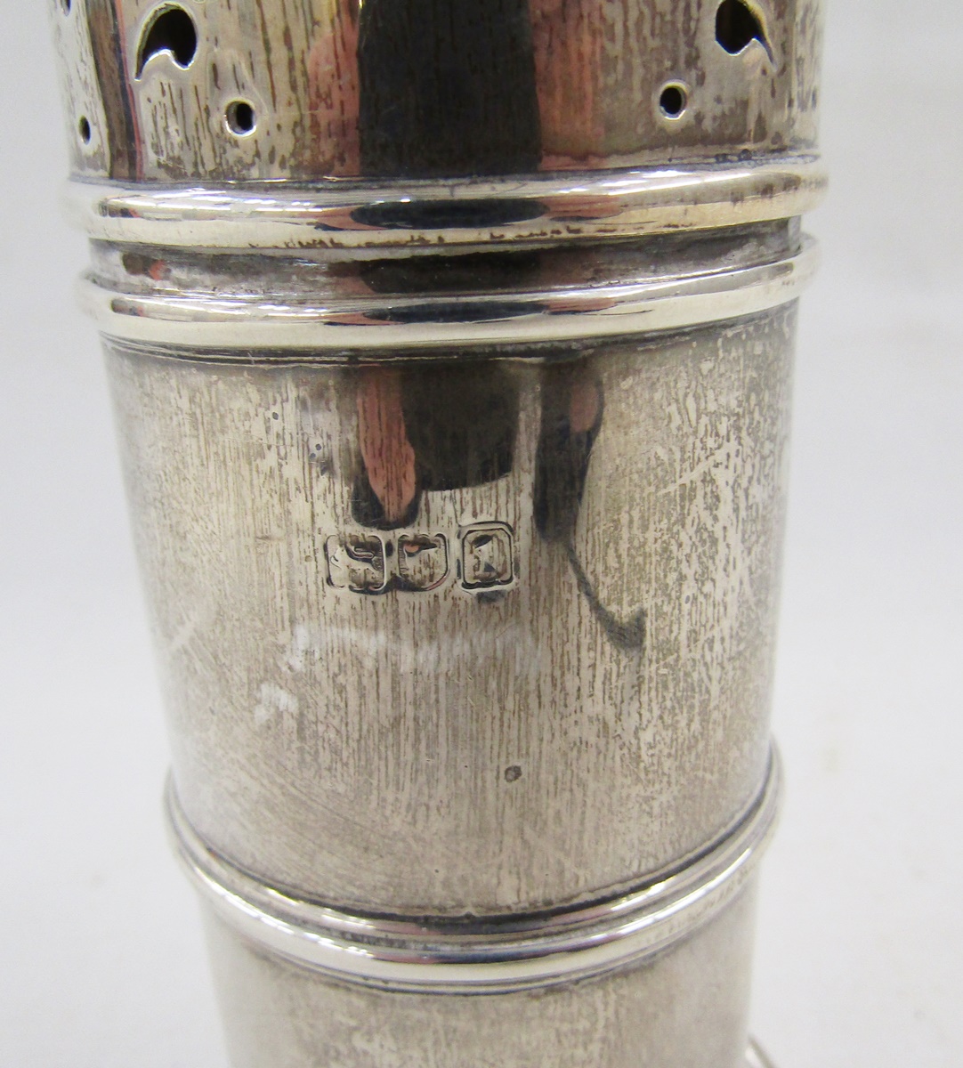 Edwardian silver sugar caster, the domed top with finial, cylindrical body, 16cm high (with slight - Image 2 of 4
