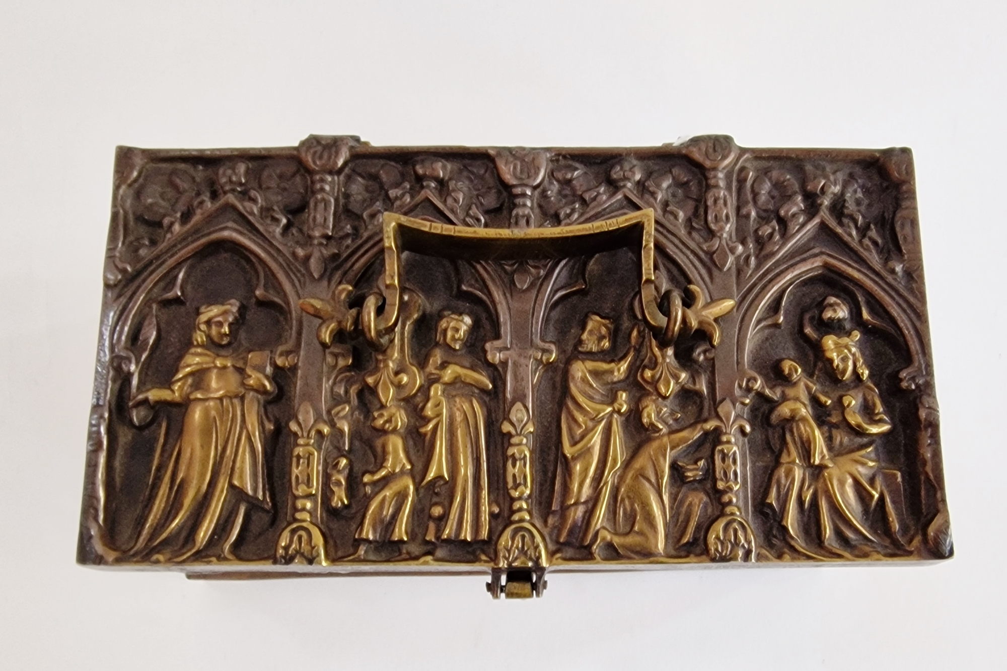 Gothic-style brass casket of rectangular form, stamped 'Dinant', cast with figures beneath trefoil - Image 3 of 6