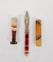 Agate mounted desk seal with entwined initials, an agate and silver-plated mounted letter opener,