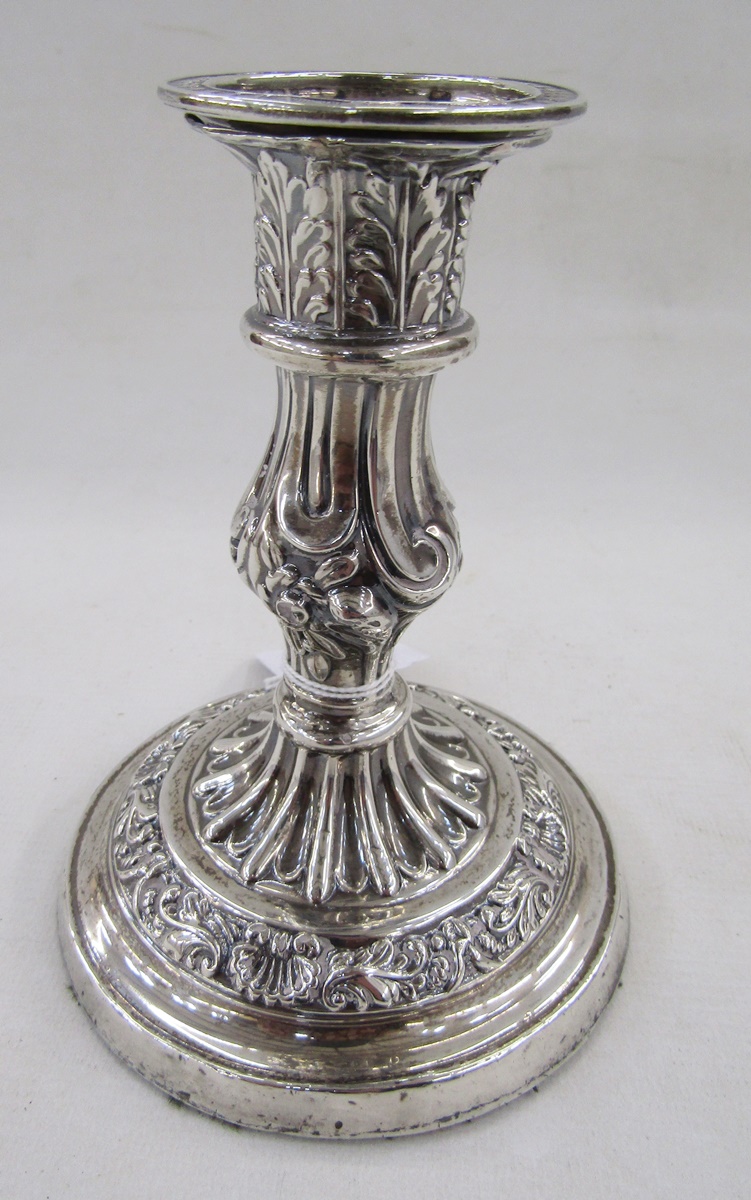 White metal single candlestick, with embossed acanthus leaf and scallop shell decoration, - Image 2 of 3