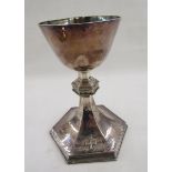 Silver chalice, the rounded bowl on panelled stem with rope and thorn decorated knop, hexagonal