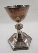 Silver chalice, the rounded bowl on panelled stem with rope and thorn decorated knop, hexagonal