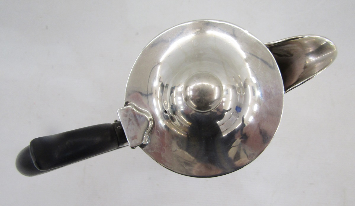 1920s silver hot water jug with ball finial, ebonised scroll handle, tapered on circular foot, - Image 3 of 3