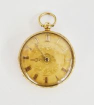 Victorian 18ct gold cased open faced pocket watch, the gilt dial having Roman numerals denoting