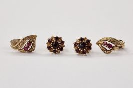 Pair 9ct gold earrings set with pink stones, possibly rubies, and another pair set with garnets