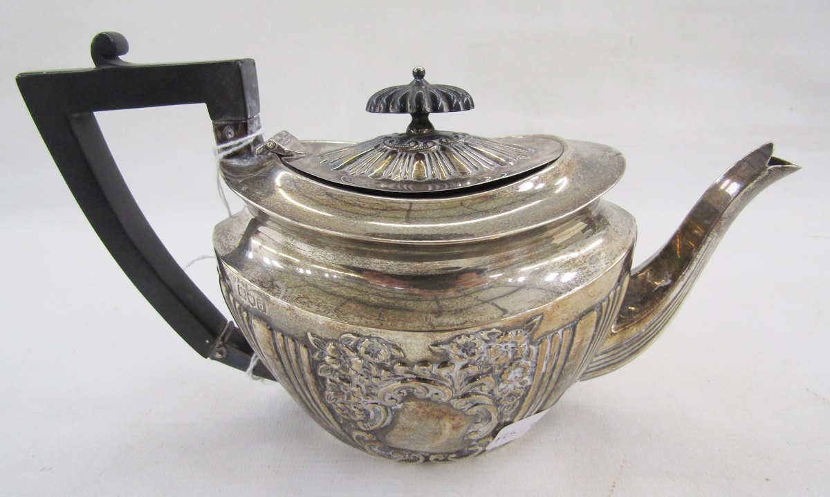 Victorian silver teapot, oval with gadrooned ebonised finial and angular handle, the oval shouldered - Image 2 of 5