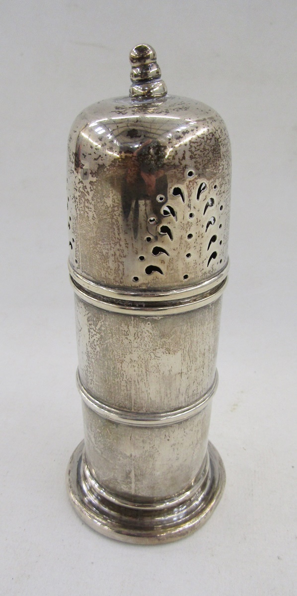 Edwardian silver sugar caster, the domed top with finial, cylindrical body, 16cm high (with slight - Image 3 of 4