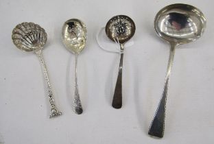 Small Georgian silver sauce ladle, together with three silver sugar sifter spoons, various ages,