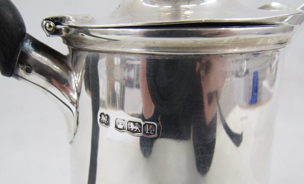 1920s silver hot water jug with ball finial, ebonised scroll handle, tapered on circular foot, - Image 2 of 3