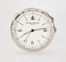 Contemporary Baume & Mercier Geneve stainless steel cased travel clock, the circular case with easel