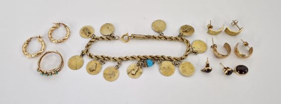 Various gold earrings, a gold-coloured metal and turquoise ring (damaged) and a bracelet