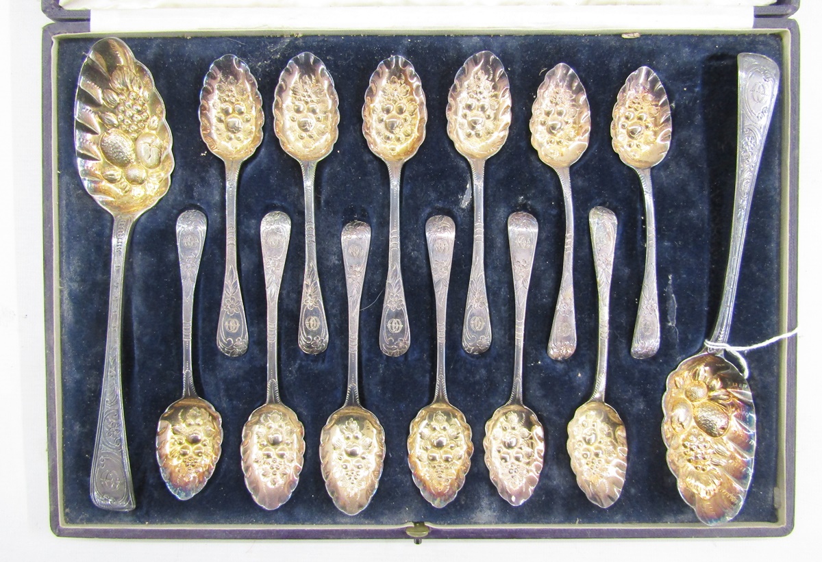 Georgian matched set of silver berry spoons, with later decoration, gilt bowls, hallmarks include - Image 2 of 6