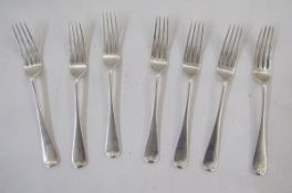 Set of seven late Victorian silver dessert forks, old English pattern handles, hallmarked London